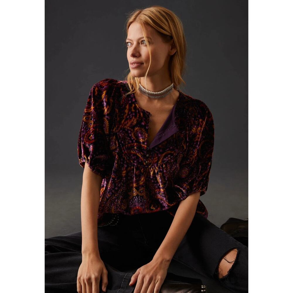 Anthropologie - puff sleeve velvet peasant blouse